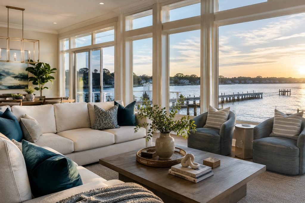 Luxury waterfront living room representing the Hampton Roads real estate market update and housing trends for July 2026