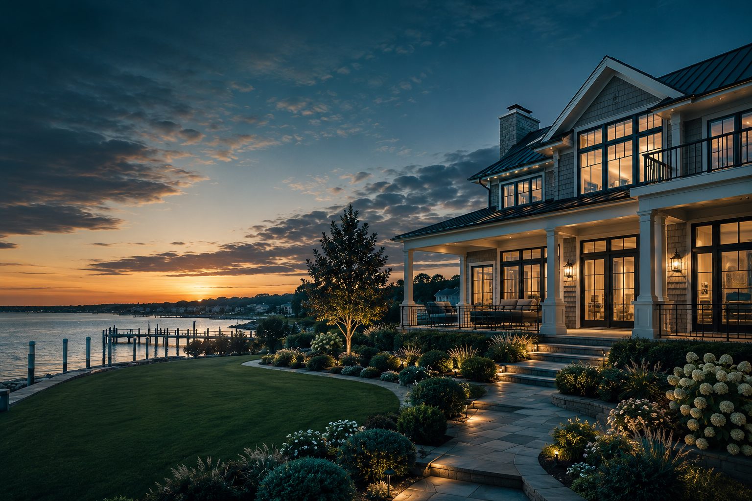 Luxury waterfront home at sunset in Hampton Roads Virginia representing elevated home selling strategy by Brit Sells The City