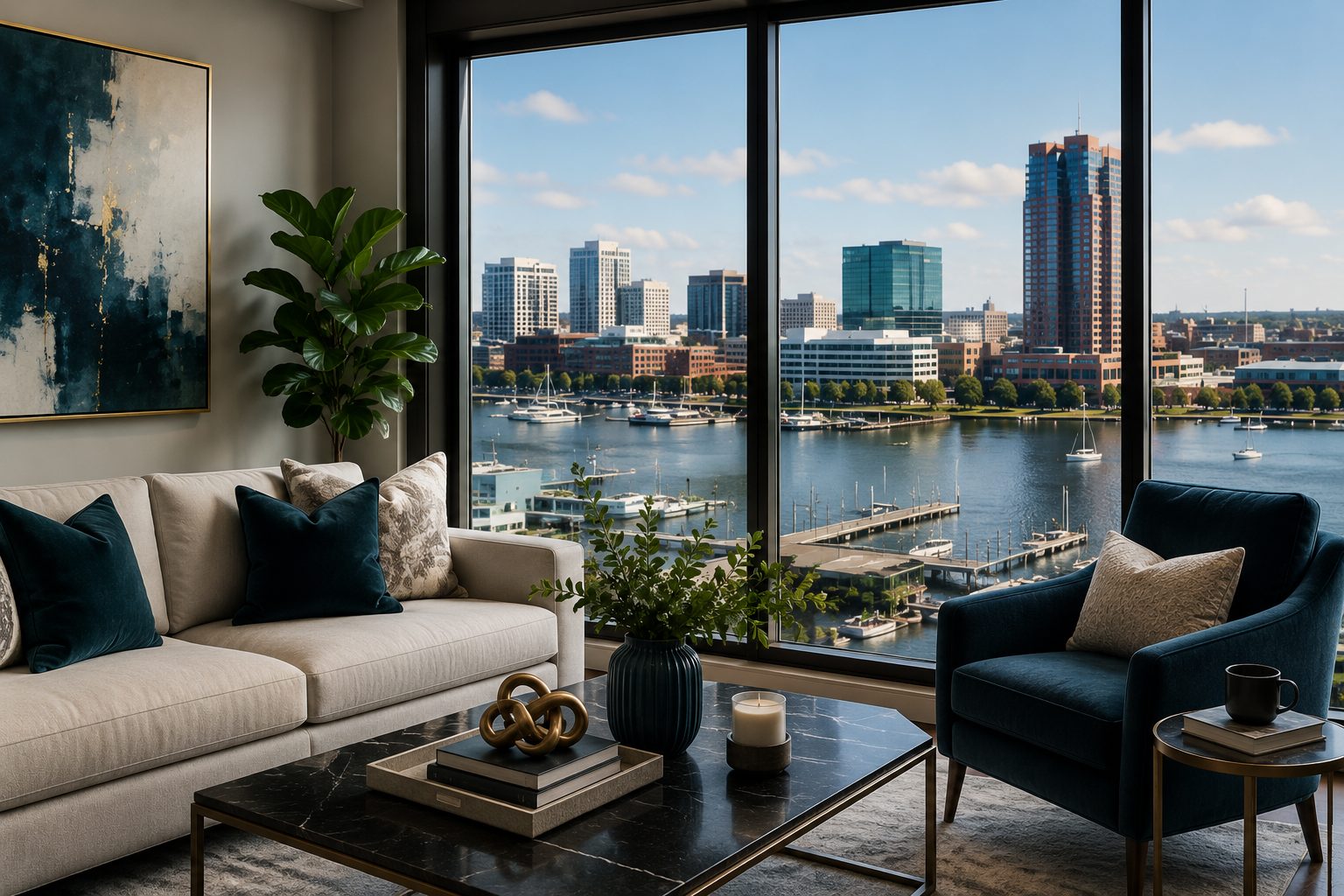 Luxury waterfront living room overlooking the Hampton Roads skyline representing strategic home selling in the 2026 real estate market