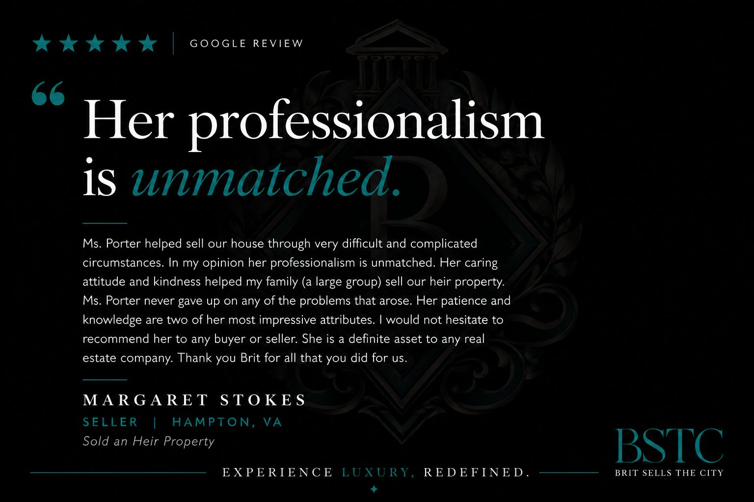 Five-star client review from Margaret S. praising Brit Sells The City for professionalism, patience, kindness, and expert guidance while successfully navigating a complex heir property sale.
