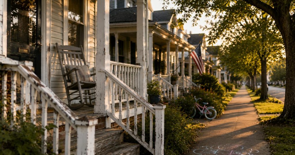 Weathered front porch in a quiet Hampton Roads neighborhood representing why homeownership matters through family memories and community.