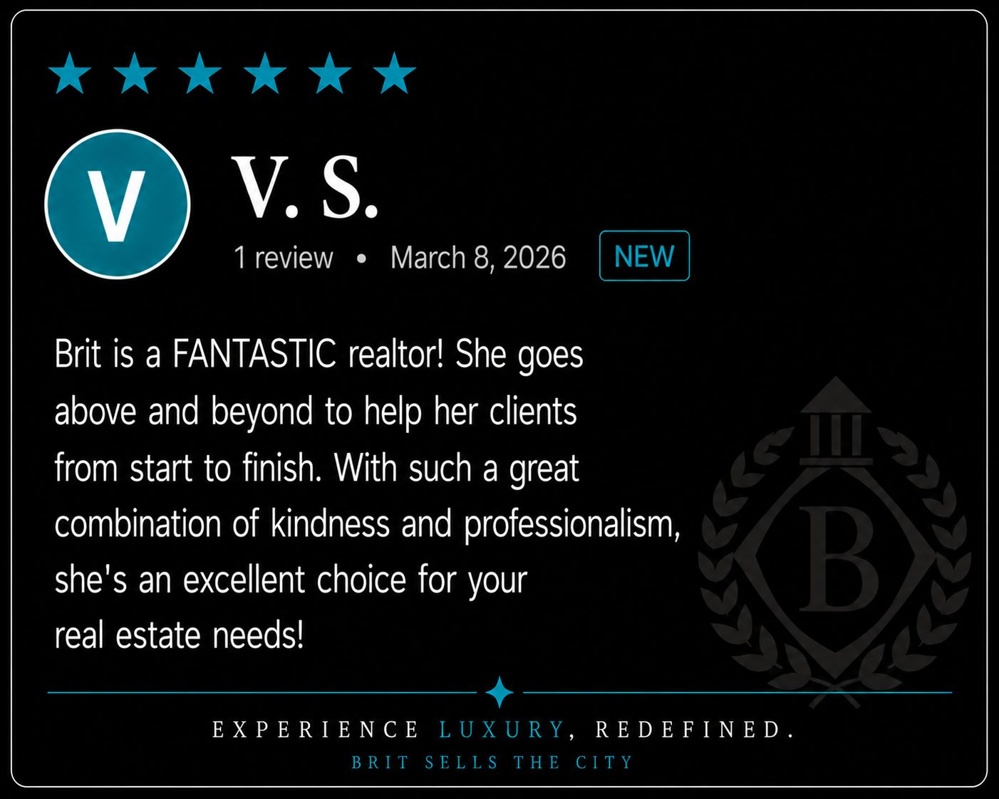 Five-star client review from V. S. praising Brit Sells The City for going above and beyond from start to finish with professionalism, kindness, and exceptional real estate service.