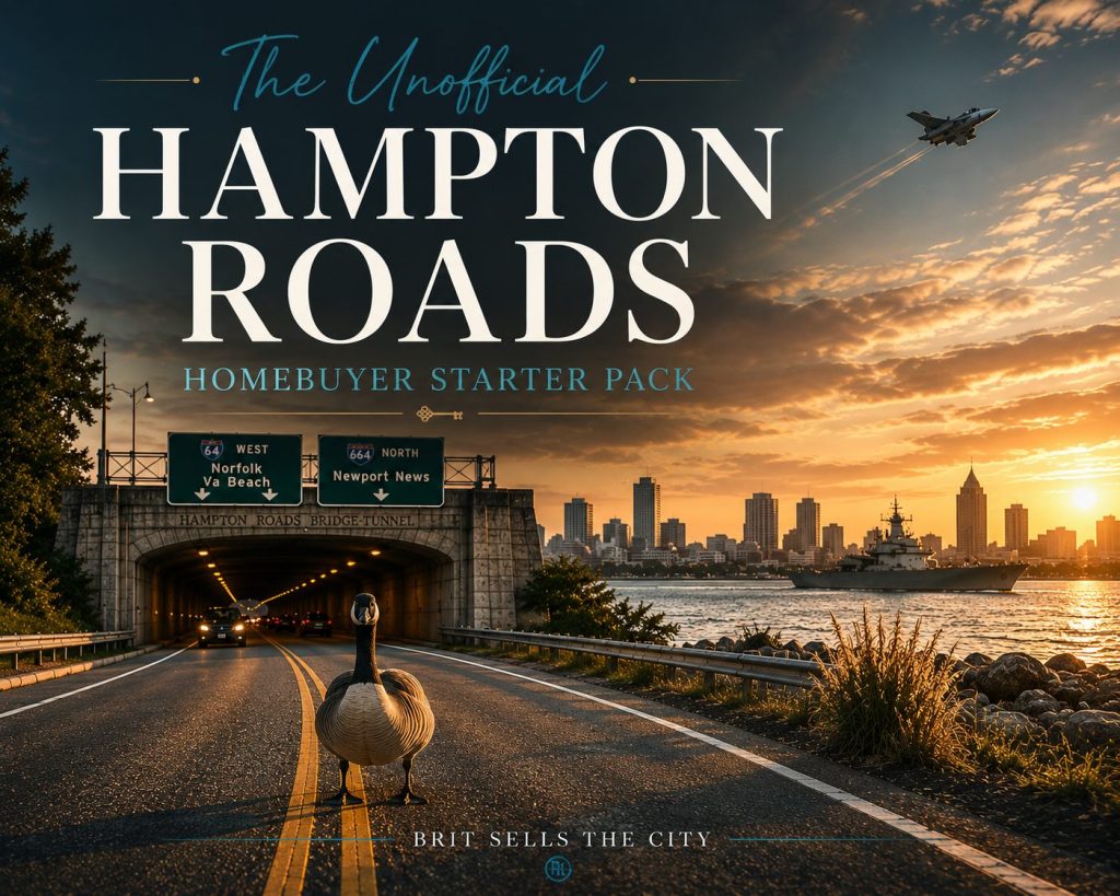 Editorial cover for The Unofficial Hampton Roads Homebuyer Starter Pack featuring the Hampton Roads Bridge-Tunnel, a Canada goose standing in the roadway, waterfront views, and a fighter jet overhead at sunset.
