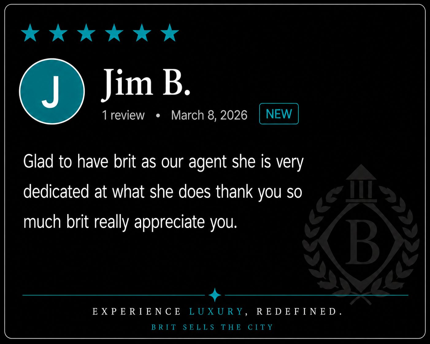 Hampton Roads real estate review from Jim B. describing Brit Sells The City’s dedication, professionalism, and exceptional client service.