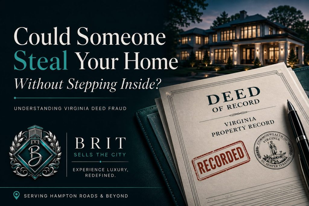 Virginia deed fraud blog graphic showing a recorded property deed and luxury home warning homeowners about title theft and property fraud
