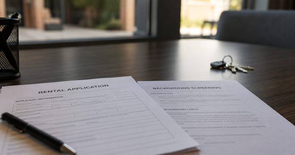 Housing application and background screening documents on a leasing office desk representing criminal record and housing barriers.