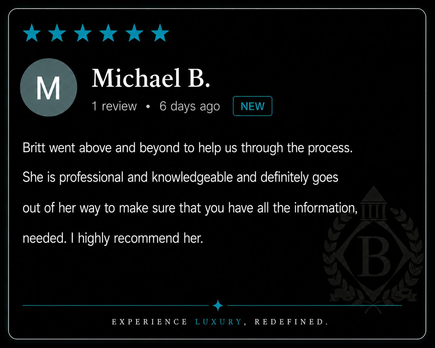 Five-star client review from Michael B. praising Brit Sells The City for professionalism, knowledge, and going above and beyond to ensure every step of the real estate process was handled with care.