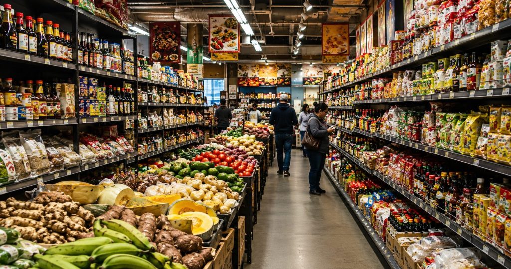 International grocery store aisle filled with global foods and fresh produce.
