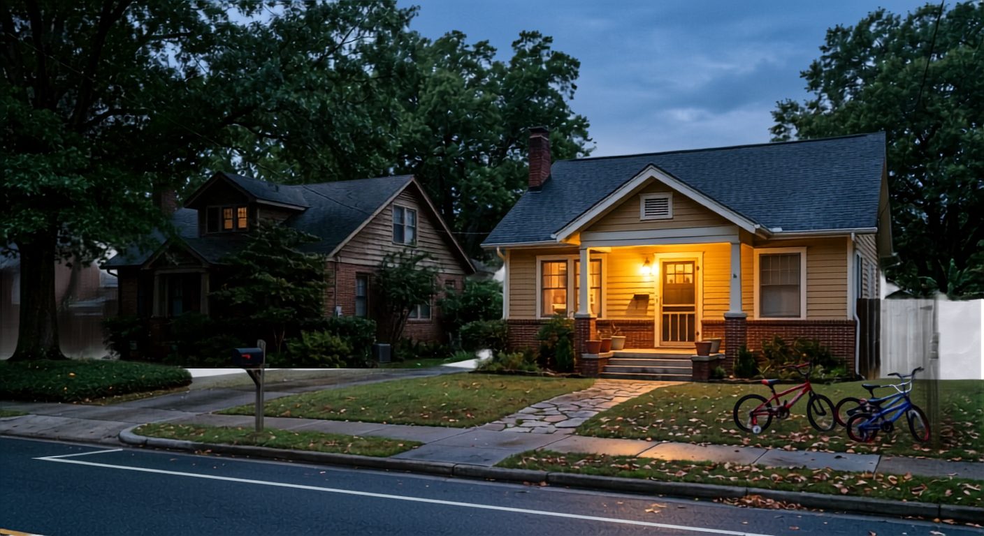A quiet American neighborhood at dusk with a warmly lit front porch and children’s bicycles outside, symbolizing trust, community, and knowing your neighbors.