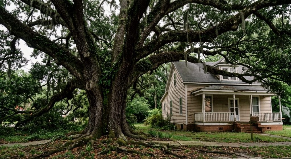 Massive centuries-old southern live oak beside an older home, illustrating the oldest living thing on a residential property.