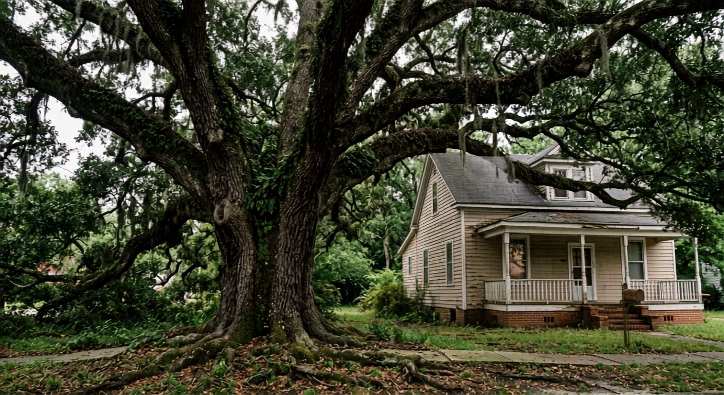 Massive centuries-old southern live oak beside an older home, illustrating the oldest living thing on a residential property.