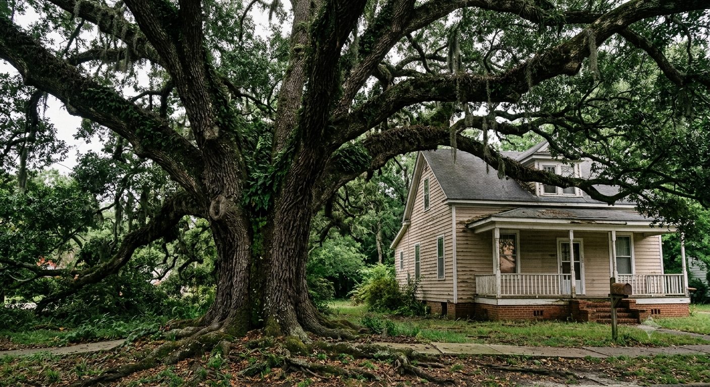 Massive centuries-old southern live oak beside an older home, illustrating the oldest living thing on a residential property.