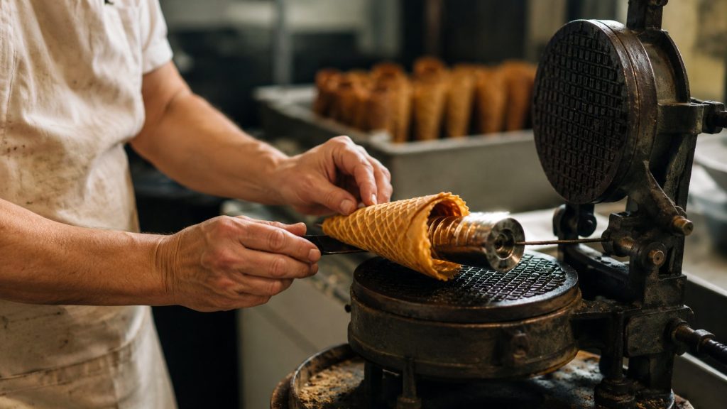 A worker hand-rolls a waffle cone on the historic cone-making machine at Doumar’s, the oldest restaurant in Hampton Roads, in Norfolk, Virginia.