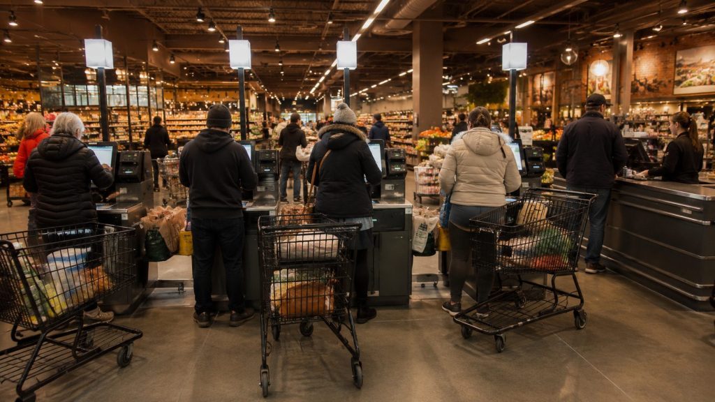 Shoppers using self-checkout lanes while a single cashier assists customers in a modern grocery store.