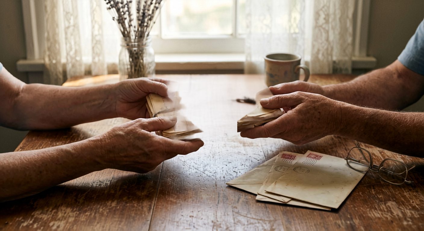 Older family members passing a bundle of handwritten letters across a wooden table in a sunlit home.