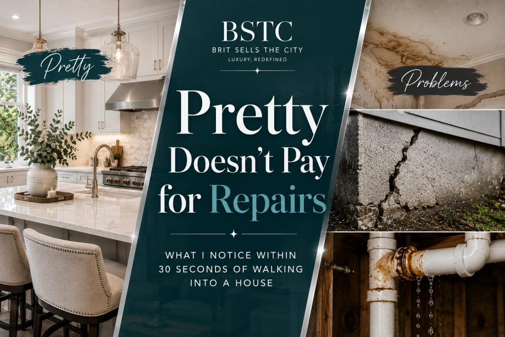 Featured image for “Pretty Doesn’t Pay for Repairs” showing a luxury kitchen contrasted with hidden home issues including water damage, plumbing leaks, and foundation cracks.
