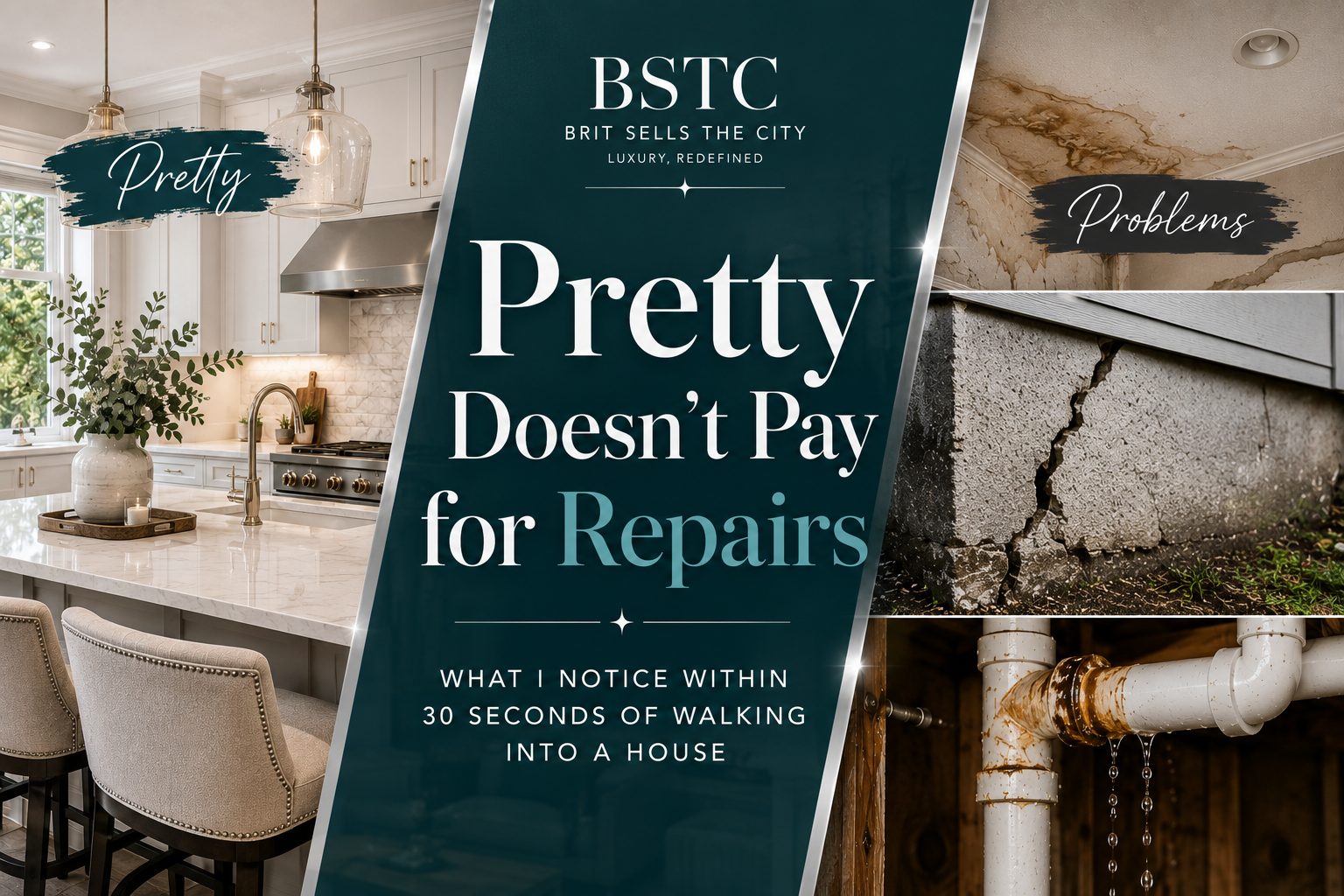 Featured image for “Pretty Doesn’t Pay for Repairs” showing a luxury kitchen contrasted with hidden home issues including water damage, plumbing leaks, and foundation cracks.