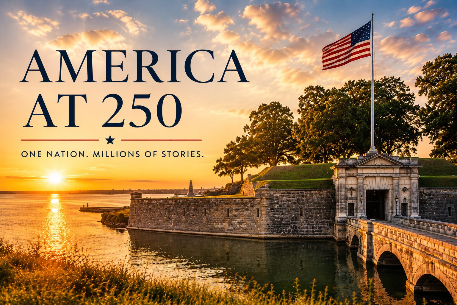 Sunrise over historic Fort Monroe in Hampton, Virginia, overlooking the Chesapeake Bay during America’s 250th anniversary.