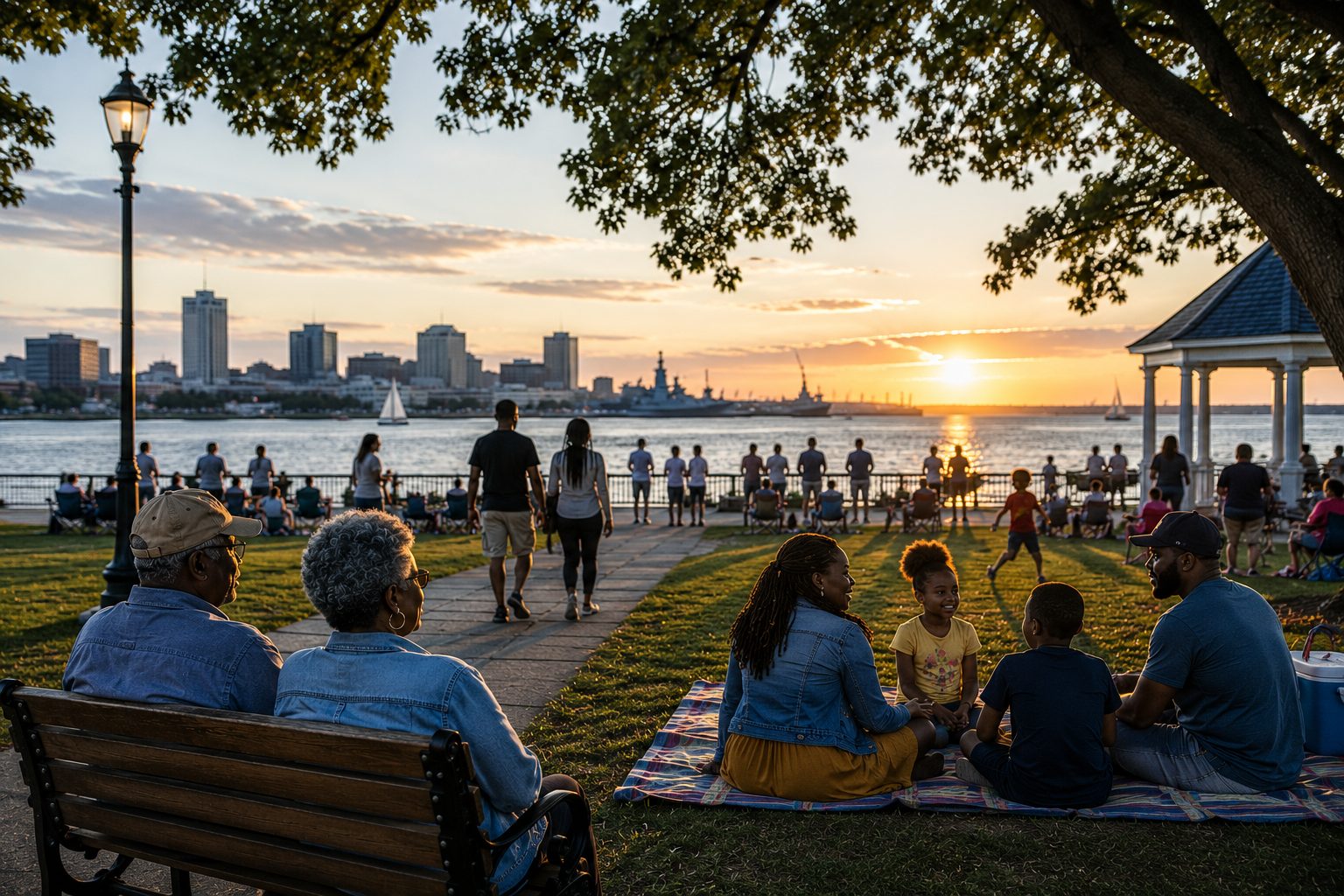 Families of different generations and backgrounds gather at a Hampton Roads waterfront park during sunset, reflecting on community, shared experiences, and America’s 250th anniversary.