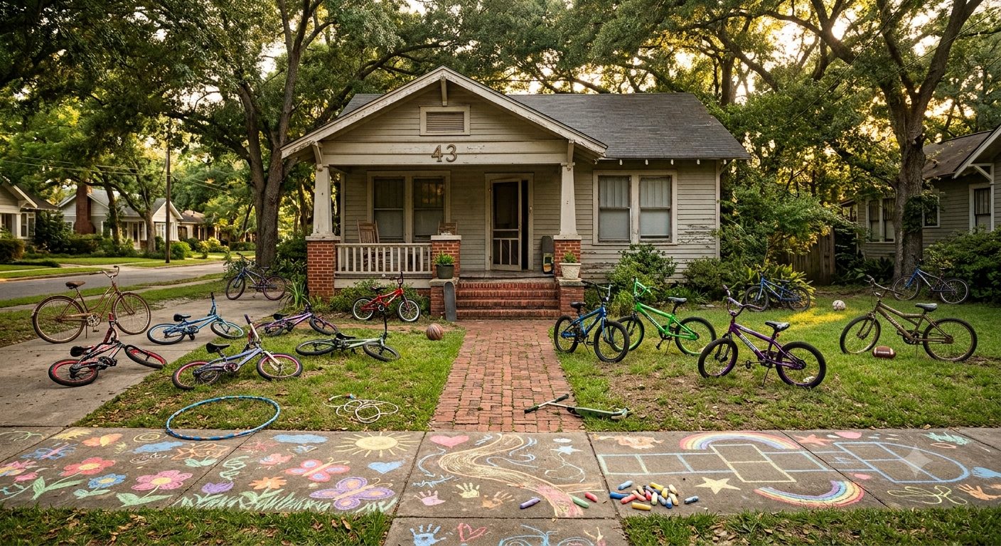 Older Craftsman bungalow with children’s bicycles, sidewalk chalk, and toys scattered throughout the yard, symbolizing childhood, neighborhood friendships, and community in Hampton Roads.