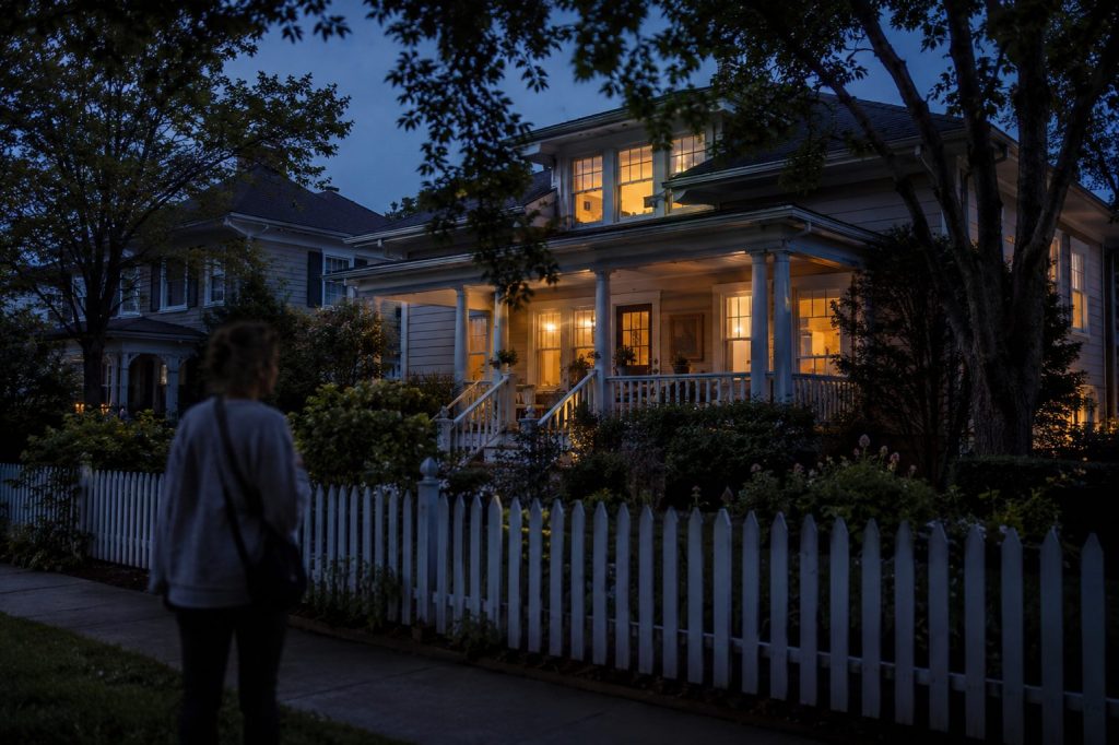 A passerby pauses on a Hampton Roads sidewalk at dusk, looking toward a warmly lit home and wondering about the life unfolding inside.